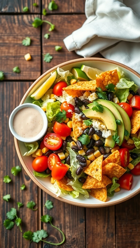 Bowl of taco salad with lettuce, tomatoes, black beans, corn, cheese, avocado, and tortilla strips garnished with cilantro and lime.